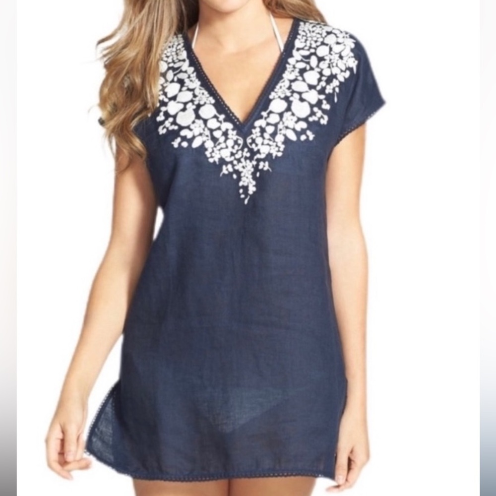 Tory Burch Issy Navy and White embroidered Linen Cap
Sleeve Tunic